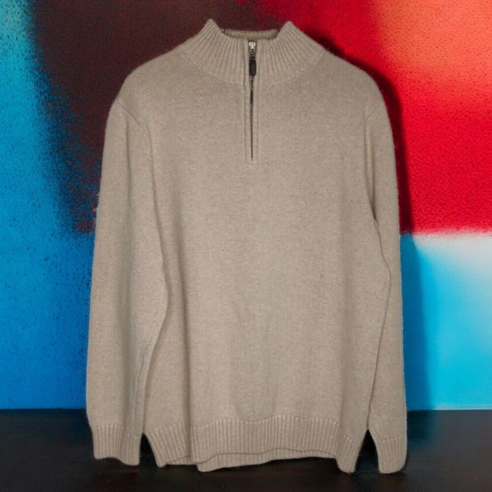 Vintage LL Bean Men's Size Large Beige Heavy Knit 1/4 Zip Pullover Warm Sweater